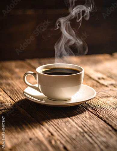 Textured Close-Up of Hot Black Coffee with Steam on a Dark Wooden Table.