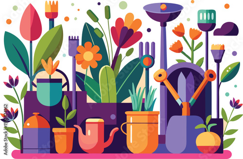 Colorful and Creative Gardening Tools and Plants Illustration for Design Projects