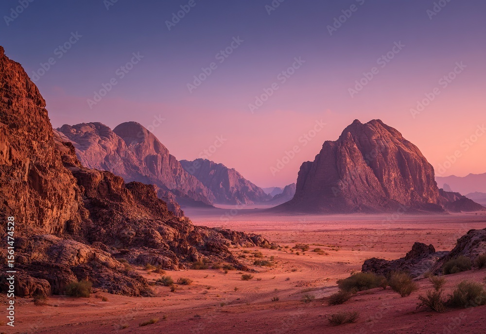 Fototapeta premium Breathtaking view of the Wadi Rum desert in Jordan, captured with a wide-angle lens and high-resolution photography. This professional-quality stock photo features stunning color grading, resulting 