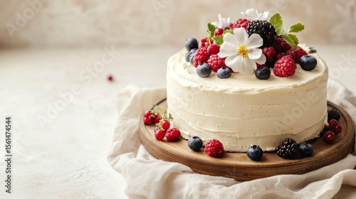 White cake with flowers and berries on top. Birthday cake. Colorful and Delicious Birthday cake. Beautiful cake. Happy Mother's Day. Valentine Day. Happy Birthday. Happy Wedding