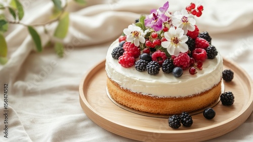 White cake with flowers and berries on top. Birthday cake. Colorful and Delicious Birthday cake. Beautiful cake. Happy Mother's Day. Valentine Day. Happy Birthday. Happy Wedding