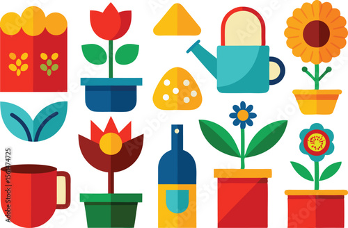 Colorful Flat Design Gardening and Home Decor Icons on White Background