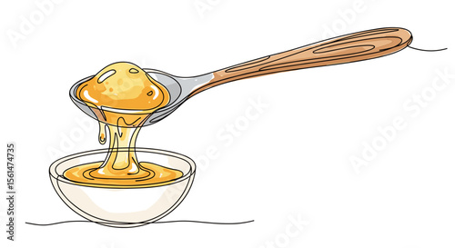 One line doodle drawing of a spoon with honey drizzle, watercolor fill in golden amber, wood brown and ivory on white background