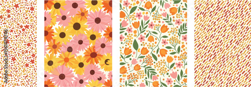 Set of seamless ditsy patterns with various wild meadow flowers. Сolourful cute floral summer backgrounds. 