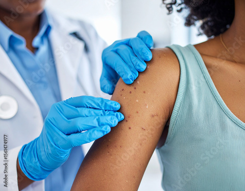Close-up of Dermatologist in Gloves Examining a Skin Rash on Patient's Arm in a Clinic