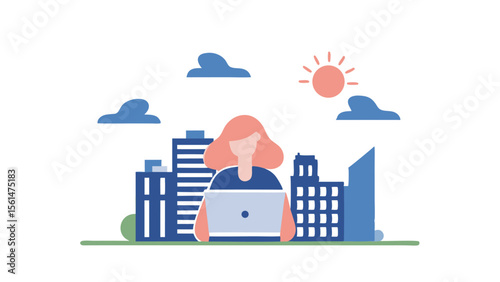 Woman working on laptop with cityscape background and sun and clouds in a flat vector design