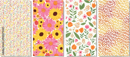 Set of seamless ditsy patterns with various wild meadow flowers. Сolourful cute floral summer backgrounds. 