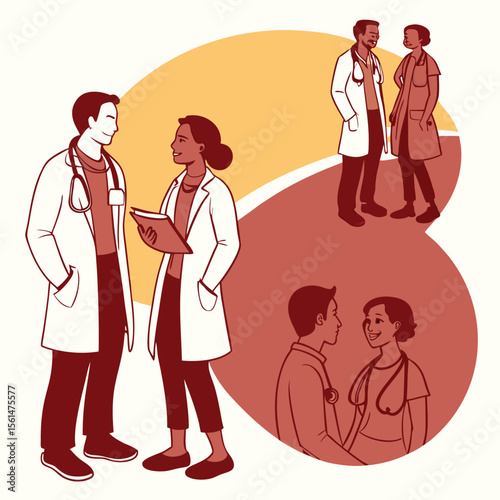 Doctor and patient in conversation with a nurse holding a chart in a medical setting illustration