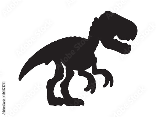 Black silhouette of a cartoon dinosaur with sharp teeth and claws on a white background