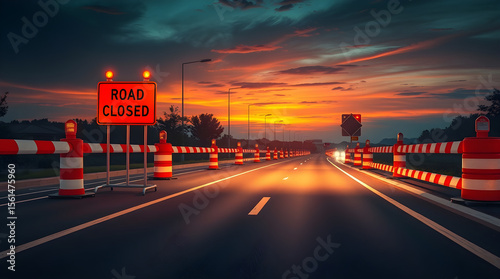 Road closed sign blocking highway at sunset with flashing lights