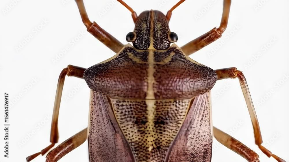Detailed macro view of a brown, tan, and yellow stink bug with visible exoskeleton and antennae against white backdrop for scientific study