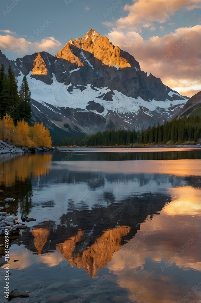 Fototapeta premium Sunset Mountains and Mirror-Like Lake in a Mesmerizing Landscape