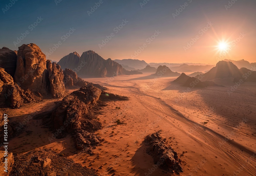 Fototapeta premium Breathtaking view of the Wadi Rum desert in Jordan, captured with a wide-angle lens and high-resolution photography. This professional-quality stock photo features stunning color grading, resulting 