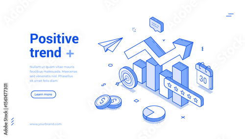 Positive trend dynamic growth business analyzing outline isometric web banner vector illustration. Statistic analysis increase arrow productivity efficiency achievement management landing page