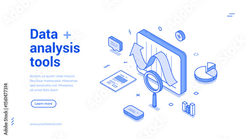 Data analysis tools statistic planning development outline isometric web banner design template vector illustration. Database business analyzing graph research infographic information landing page