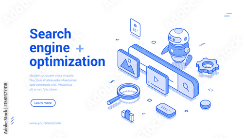 Search engine optimization SEO internet searching outline isometric web banner design template vector illustration. Online browser information social media solution cyberspace technology landing page