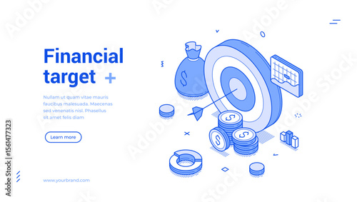 Financial target business profit efficiency productivity outline isometric web banner design template vector illustration. Finance corporate wealth management commercial achievement landing page