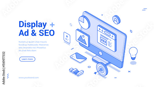 Display ad SEO internet digital marketing outline isometric web banner design template vector illustration. Online advertising computer search engine optimization strategy development landing page