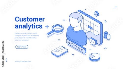 Customer analytics statistic business strategy development outline isometric web banner design template vector illustration. Client marketing management analyzing planning landing page
