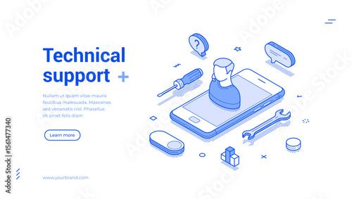 Technical support call center consulting mobile app outline isometric web banner design template vector illustration. Technician helpline hotline operator help chat assist communication landing page