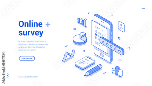 Online survey answer choosing solution checklist outline isometric web banner design template vector illustration. Internet form correct select test voting approved fill questionnaire landing page