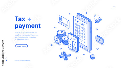 Tax payment financial business accounting outline isometric web banner design template vector illustration. Regular paying budget balance calculating law government deadline pay landing page