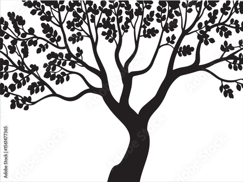 Stylized black silhouette of a tree with many leaves on a white background