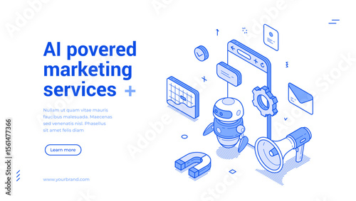 AI powered digital marketing services outline isometric web banner design template vector illustration. Artificial intelligence innovation technology internet advertising strategy landing page