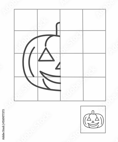 Symmetry drawing for kids, draw the other half side jack o latern activity for kindergarten, complete picture worksheet, Symmetry worksheet halloween