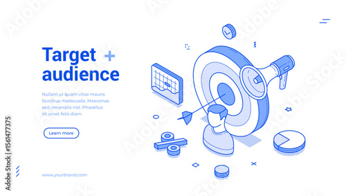 Target audience startup business success strategy outline isometric web banner design template vector illustration. Financial marketing management achievement efficiency productivity landing page