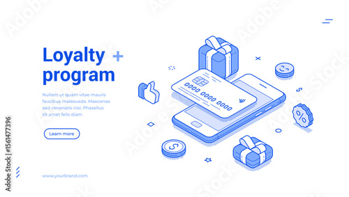 Loyalty program card payment online banking outline isometric web banner design template vector illustration. Shopping paying bonus cashback financial reward guarantee retail marketing mobile app