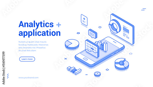 Analytics mobile application business data analyzing outline isometric web banner design template vector illustration. Financial statistic research accounting chart graph diagram control landing page