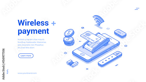 Wireless payment POS terminal online banking outline isometric web banner design template vector illustration. Internet e money cashless paying financial digital technology mobile app landing page