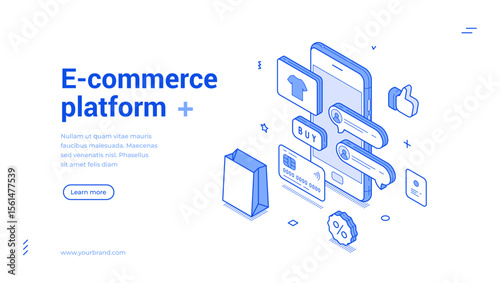 E commerce platform online shopping marketplace outline isometric web banner design template vector illustration. Internet business store shop sale commercial retail mobile application landing page