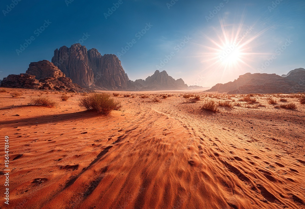 Fototapeta premium Breathtaking view of the Wadi Rum desert in Jordan, captured with a wide-angle lens and high-resolution photography. This professional-quality stock photo features stunning color grading, resulting