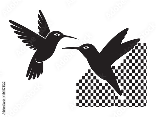 Two stylized black hummingbirds in flight with a checkered pattern background