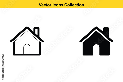 Two stylized house icons one outline and one solid black on white background