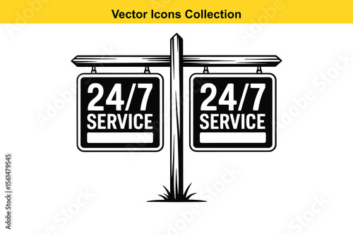 Two black and white vector signs indicating 24 7 service with blank space for customization