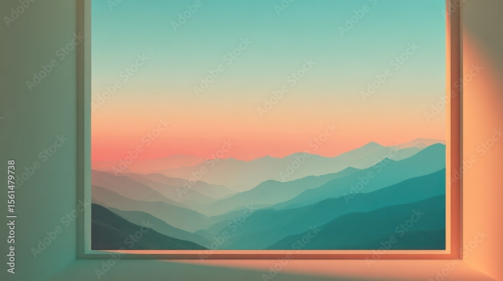 Naklejka premium Bright colorful landscape view of mountain ranges during sunset from window frame.