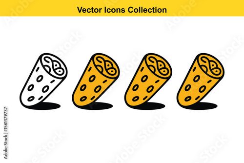 Four vector icons of a rolled pastry or bread with circular holes and filling