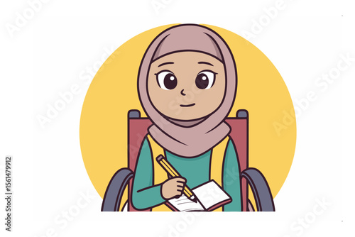 The Art of Empowerment: An illustration capturing a girl in a hijab, writing notes, symbolizing empowerment through education, inclusion, and self-expression.