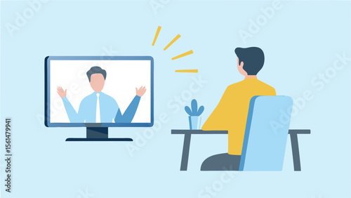 Man sitting at desk watching video call on computer with presenter on screen in light blue room