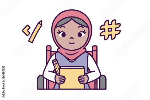 Education and Creativity: A cheerful young girl, wearing a headscarf, sits with a pencil and paper, surrounded by symbols of learning and ideas, symbolizing education.