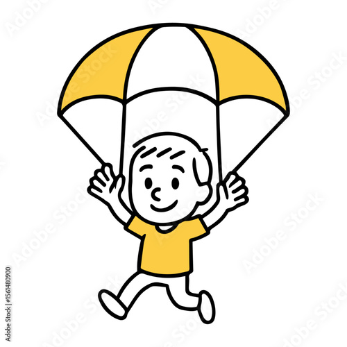 Child with Parachute. Happy Kid Floating in Air, Paragliding, Simple Hand-Drawn Yellow Line Art Doodle Vector Illustration