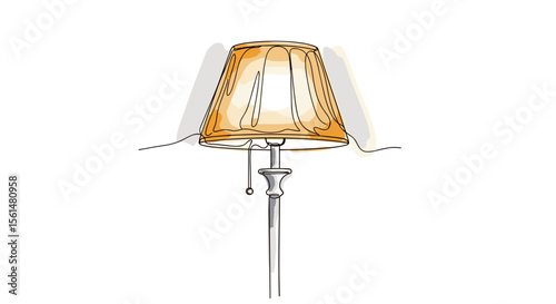 One line doodle drawing of a floor lamp with linen shade, watercolor fill in golden ochre, soft gray and bone white on white background