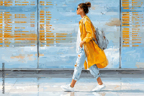 Young woman walking in stylish outfit with backpack on street  
