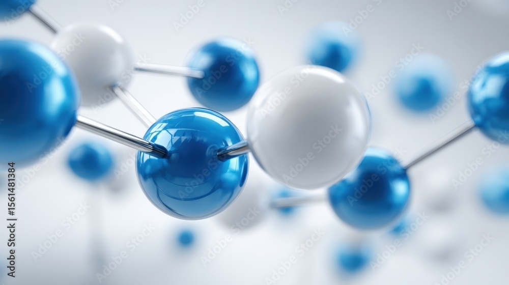 Obraz premium Highly detailed molecular model showing blue and white atomic structures and bonds in scientific research.