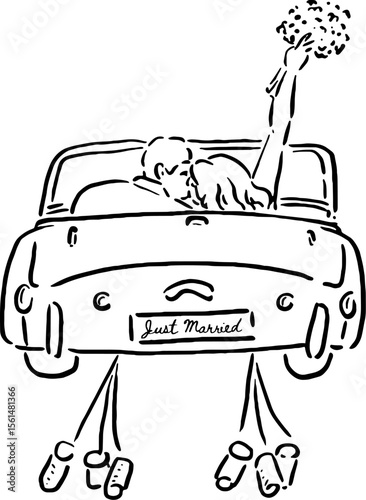 Couple in Car – Just Married Rear View Sketch Illustration