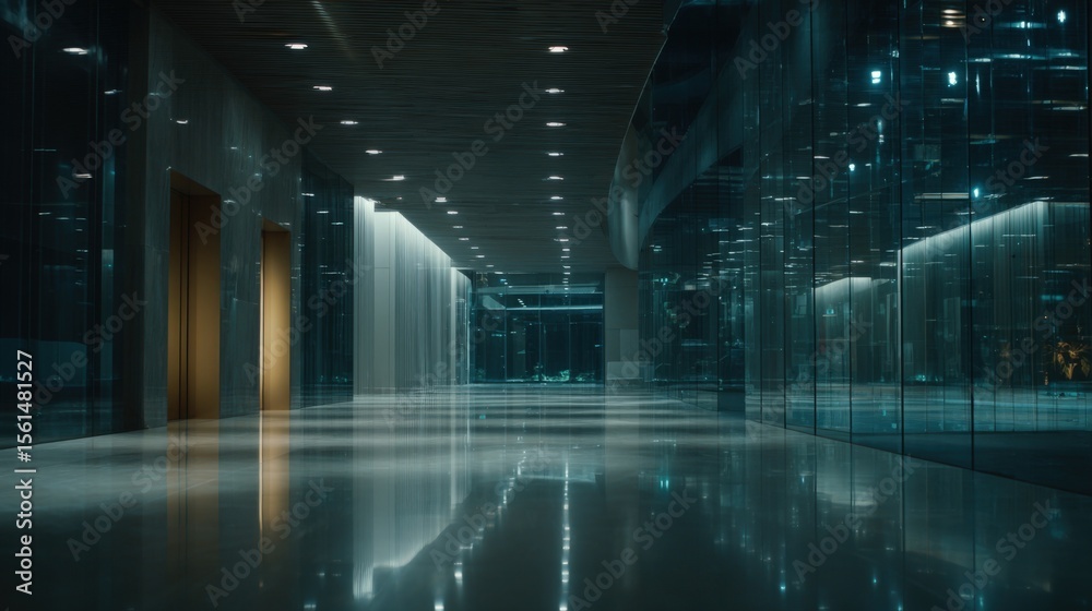 Fototapeta premium Modern futuristic building interior with sleek reflective surfaces and ambient lighting.