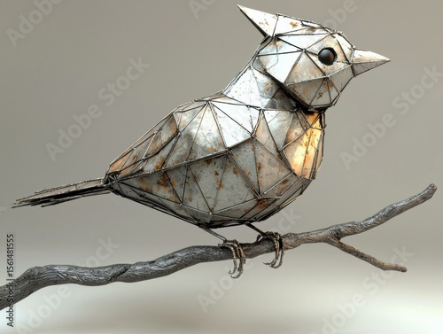 Rusty metal bird perched on a branch. AI.